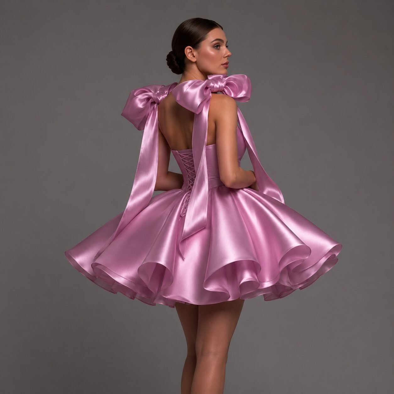 Pink Sweetheart Satin Homecoming Dress with Bow Skirt