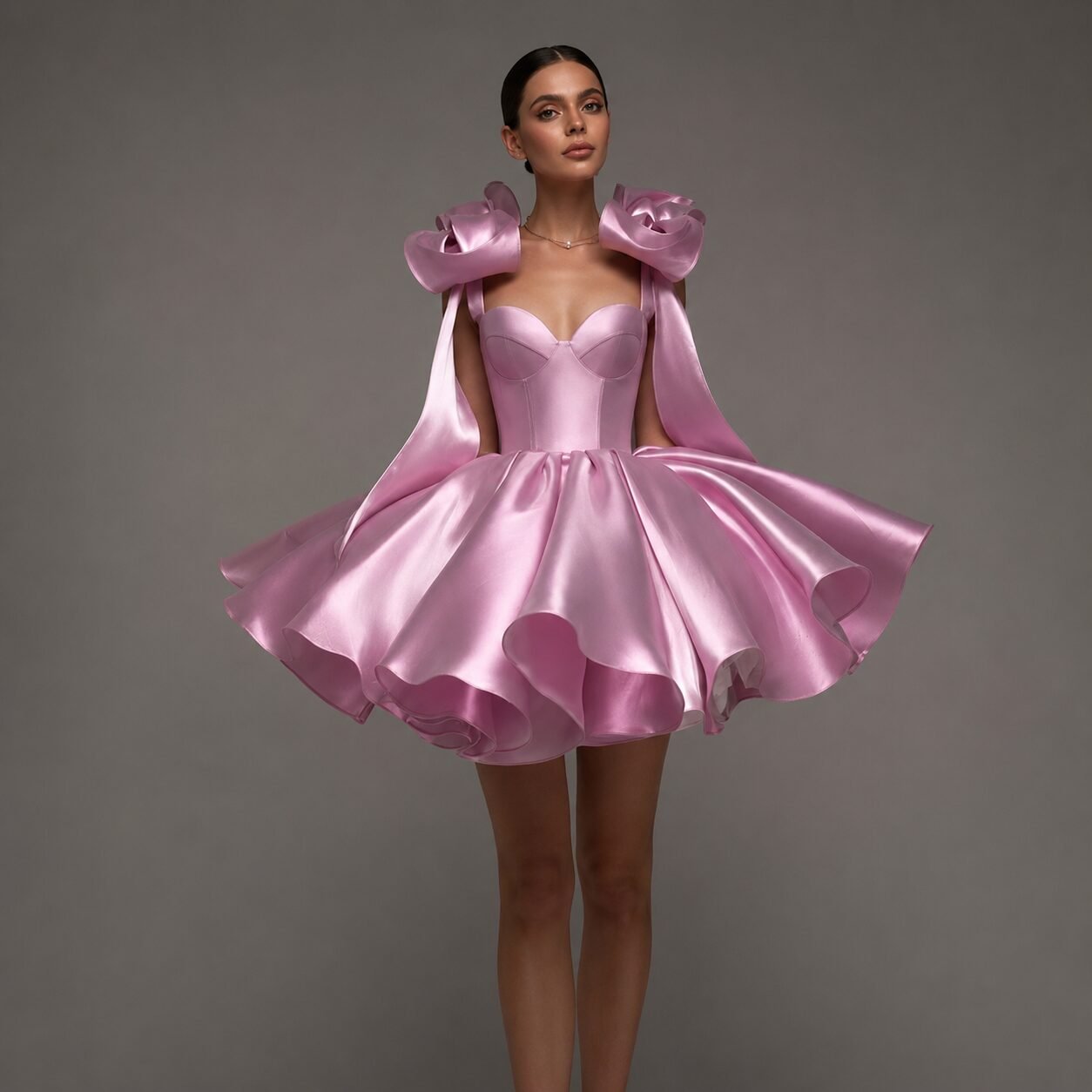 Pink Sweetheart Satin Homecoming Dress with Bow Skirt