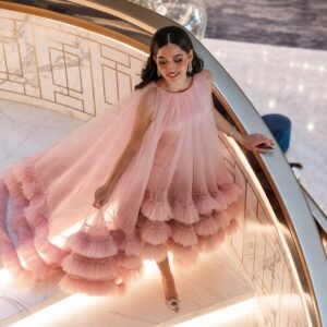 Pink Tiered Tulle Cape A-Line Prom Gown – Stunning Princess Dress 2026