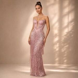 Strapless Pink Sequin Mermaid Prom Dress with Tassel Detail